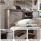 Farmhouse Queen Size Bed Frame with Storage Shelves & Charging Station