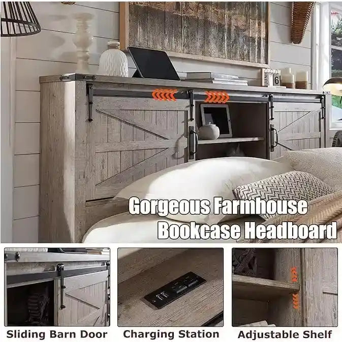 Farmhouse Queen Size Bed Frame with Storage Shelves & Charging Station