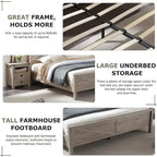 Farmhouse Queen Size Bed Frame with Storage Shelves & Charging Station