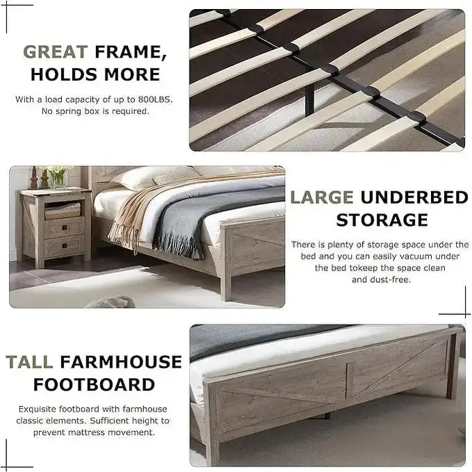 Farmhouse Queen Size Bed Frame with Storage Shelves & Charging Station