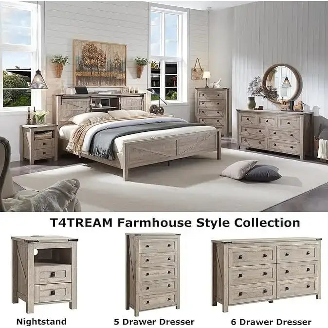 Farmhouse Queen Size Bed Frame with Storage Shelves & Charging Station