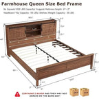 Farmhouse Queen Size Bed Frame with Storage Shelves & Charging Station
