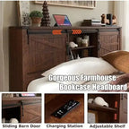 Farmhouse Queen Size Bed Frame with Storage Shelves & Charging Station