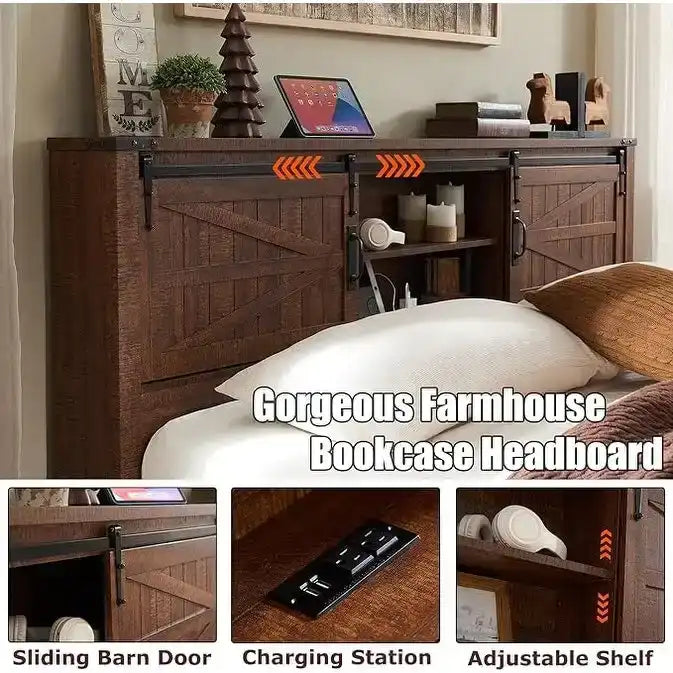 Farmhouse Queen Size Bed Frame with Storage Shelves & Charging Station
