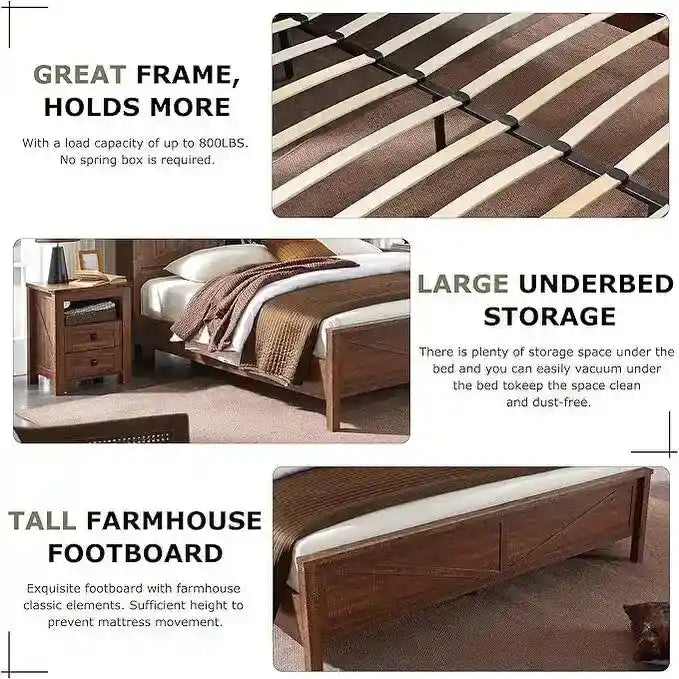 Farmhouse Queen Size Bed Frame with Storage Shelves & Charging Station