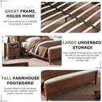Farmhouse Queen Size Bed Frame with Storage Shelves & Charging Station