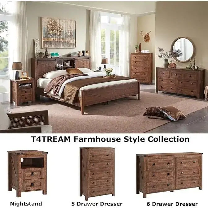 Farmhouse Queen Size Bed Frame with Storage Shelves & Charging Station