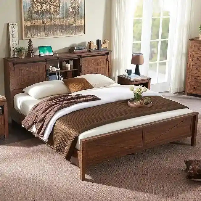 Farmhouse Queen Size Bed Frame with Storage Shelves & Charging Station