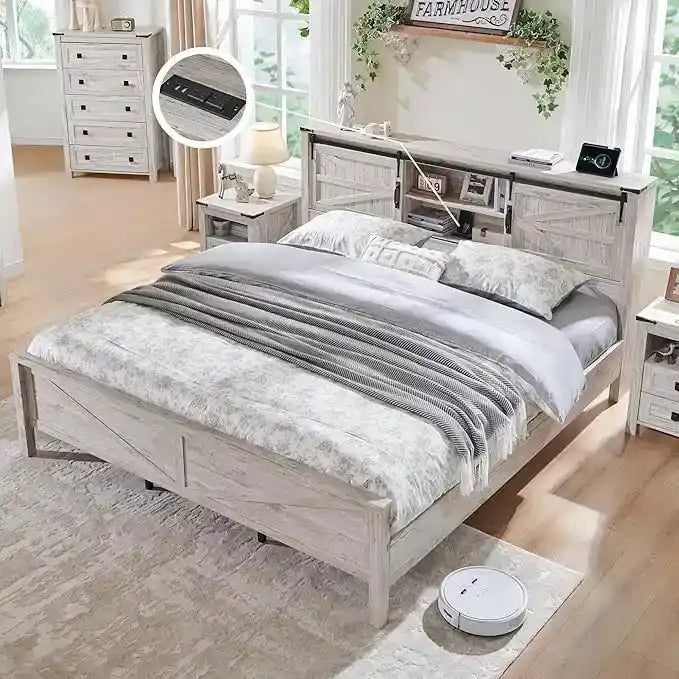 Farmhouse Queen Size Bed Frame with Storage Shelves & Charging Station