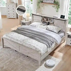 Farmhouse Queen Size Bed Frame with Storage Shelves & Charging Station