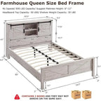 Farmhouse Queen Size Bed Frame with Storage Shelves & Charging Station