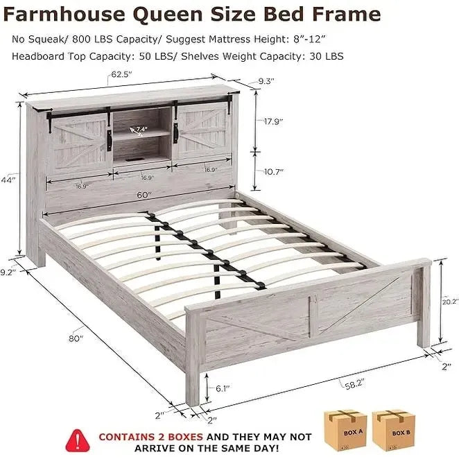 Farmhouse Queen Size Bed Frame with Storage Shelves & Charging Station