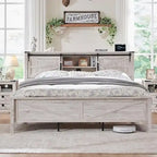 Farmhouse Queen Size Bed Frame with Storage Shelves & Charging Station