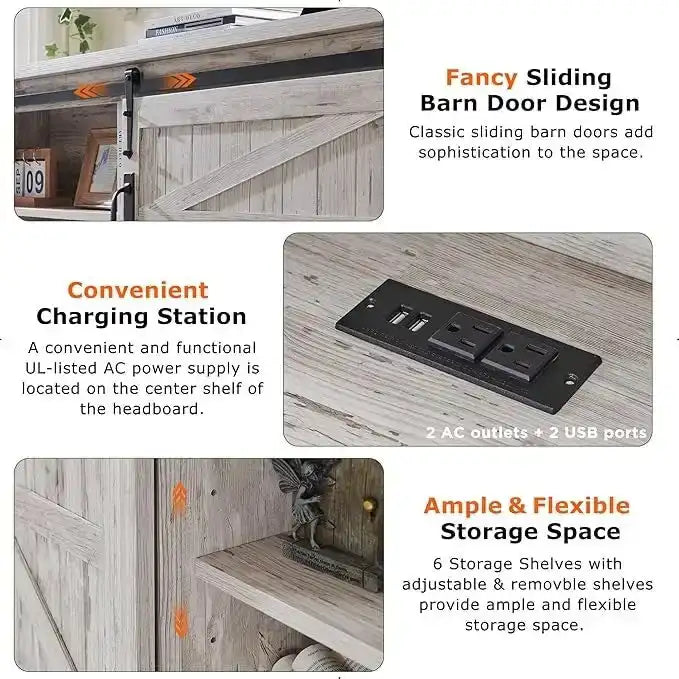 Farmhouse Queen Size Bed Frame with Storage Shelves & Charging Station