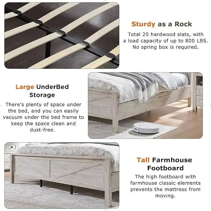 Farmhouse Queen Size Bed Frame with Storage Shelves & Charging Station