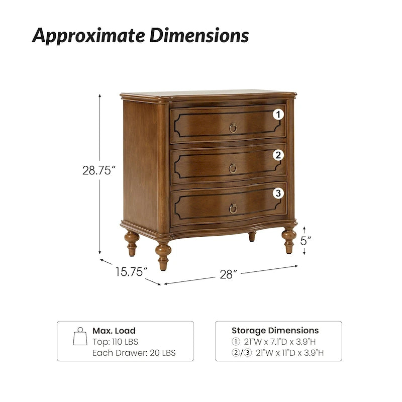 Alois Traditional 3-Drawer Nightstand with Solid Wood Spindle Legs by HULALA HOME