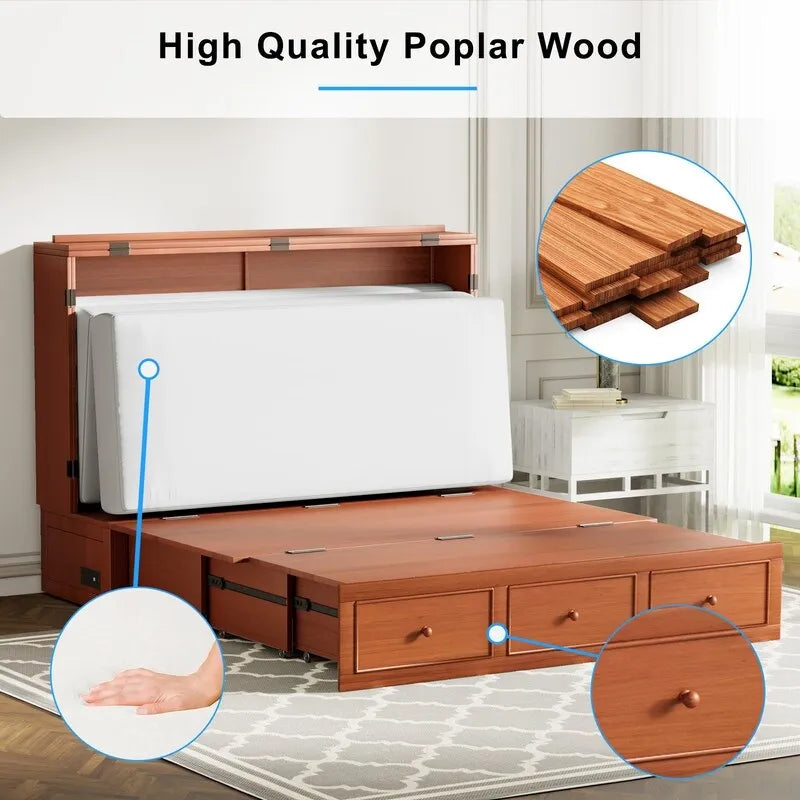 Mixoy Murphy Bed with Foldable Mattress,Modern Cube Cabinet Bed with Storage Drawer & USB Charging Station