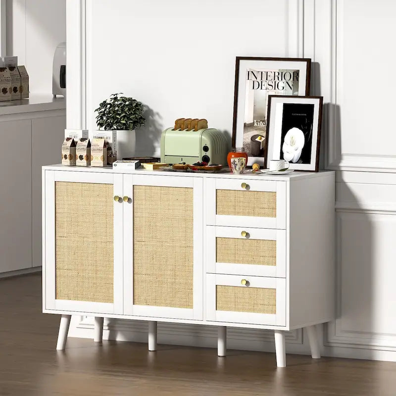 Anmytek Mid-Century Modern 2-Door Wood Rattan Buffet Sideboard Kitchen Storage Cabinet with 3 Drawers