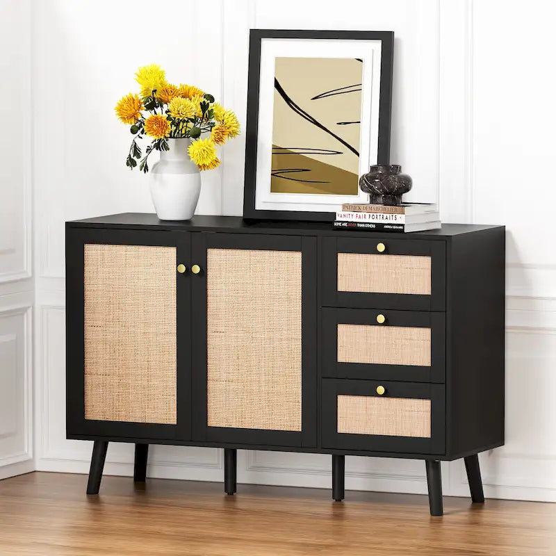 Anmytek Mid-Century Modern 2-Door Wood Rattan Buffet Sideboard Kitchen Storage Cabinet with 3 Drawers
