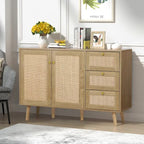 Anmytek Mid-Century Modern 2-Door Wood Rattan Buffet Sideboard Kitchen Storage Cabinet with 3 Drawers