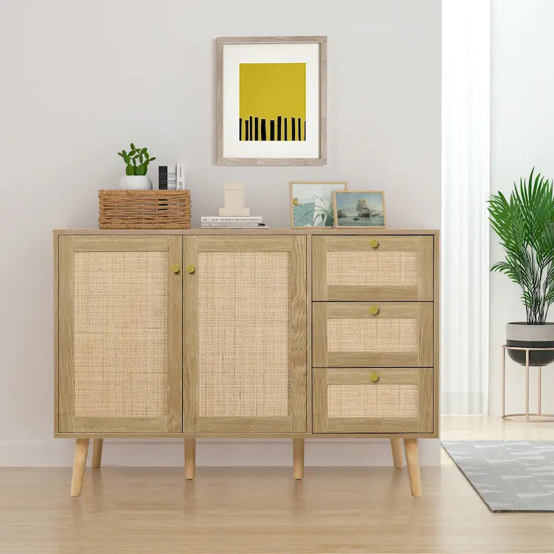 Anmytek Mid-Century Modern 2-Door Wood Rattan Buffet Sideboard Kitchen Storage Cabinet with 3 Drawers