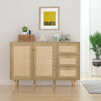 Anmytek Mid-Century Modern 2-Door Wood Rattan Buffet Sideboard Kitchen Storage Cabinet with 3 Drawers