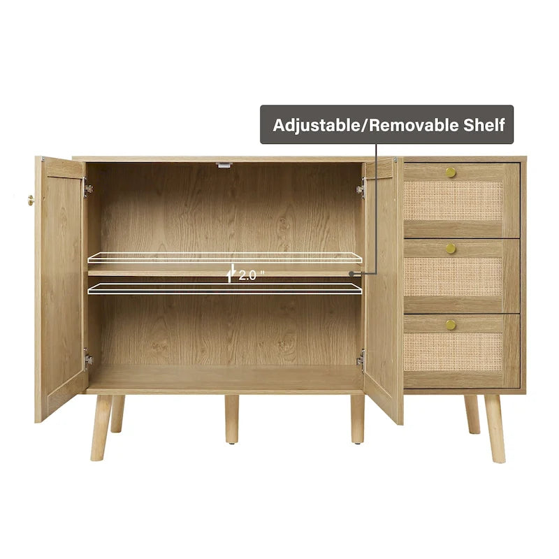 Anmytek Mid-Century Modern 2-Door Wood Rattan Buffet Sideboard Kitchen Storage Cabinet with 3 Drawers