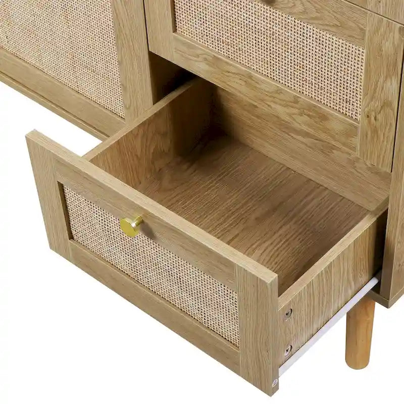 Anmytek Mid-Century Modern 2-Door Wood Rattan Buffet Sideboard Kitchen Storage Cabinet with 3 Drawers