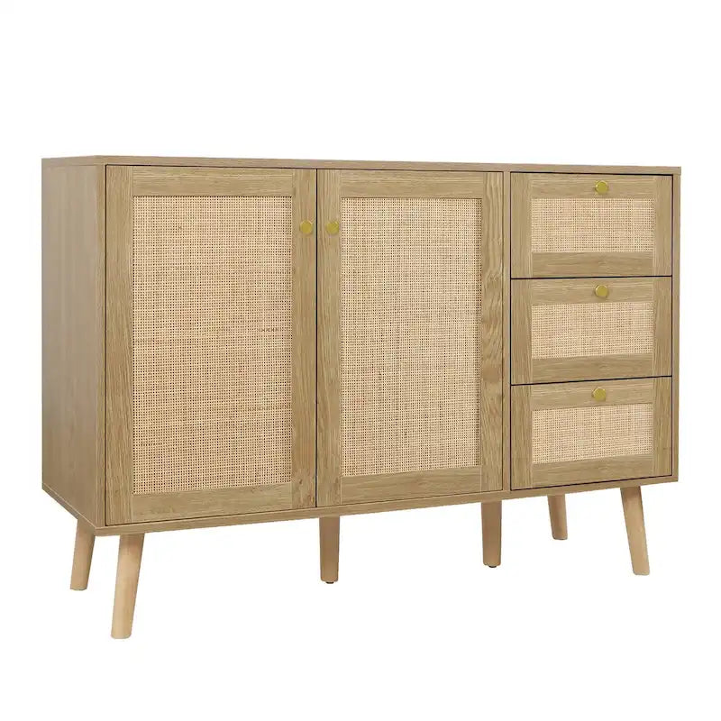Anmytek Mid-Century Modern 2-Door Wood Rattan Buffet Sideboard Kitchen Storage Cabinet with 3 Drawers