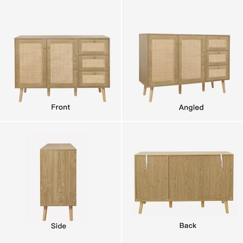 Anmytek Mid-Century Modern 2-Door Wood Rattan Buffet Sideboard Kitchen Storage Cabinet with 3 Drawers