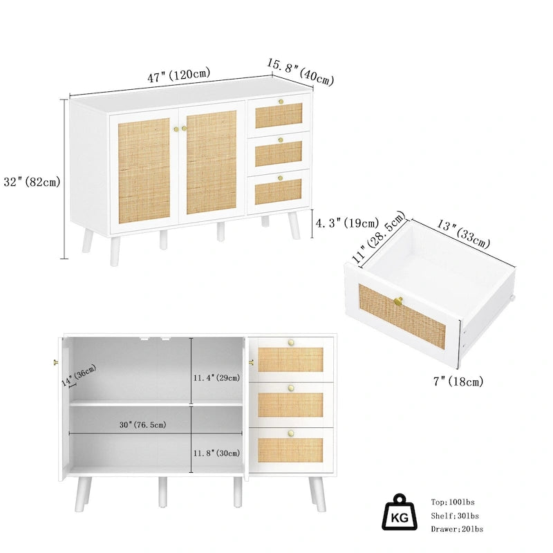 Anmytek Mid-Century Modern 2-Door Wood Rattan Buffet Sideboard Kitchen Storage Cabinet with 3 Drawers