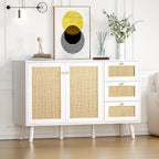 Anmytek Mid-Century Modern 2-Door Wood Rattan Buffet Sideboard Kitchen Storage Cabinet with 3 Drawers