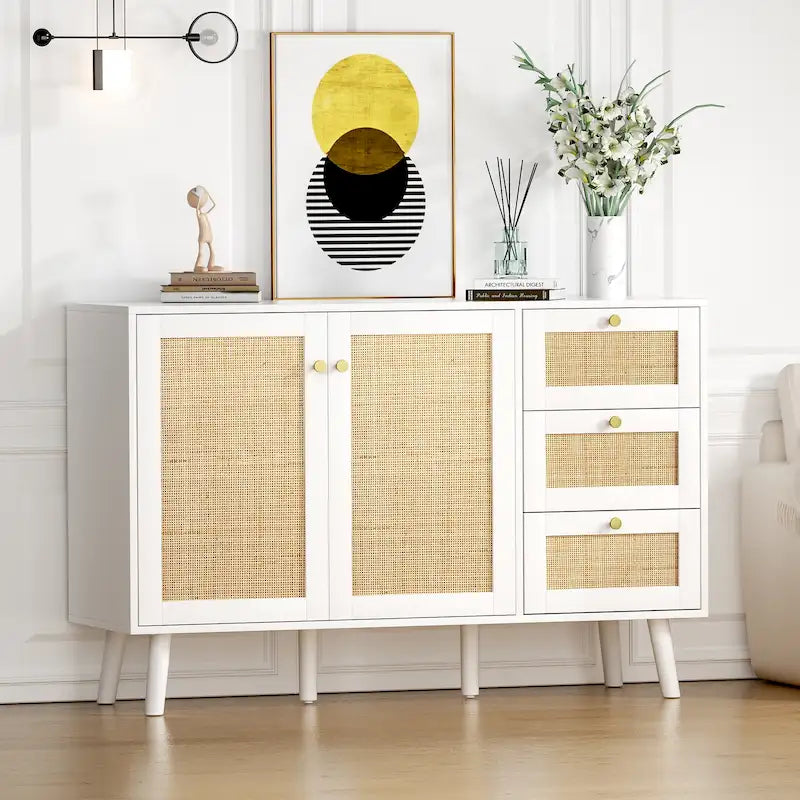 Anmytek Mid-Century Modern 2-Door Wood Rattan Buffet Sideboard Kitchen Storage Cabinet with 3 Drawers