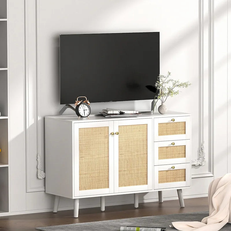 Anmytek Mid-Century Modern 2-Door Wood Rattan Buffet Sideboard Kitchen Storage Cabinet with 3 Drawers