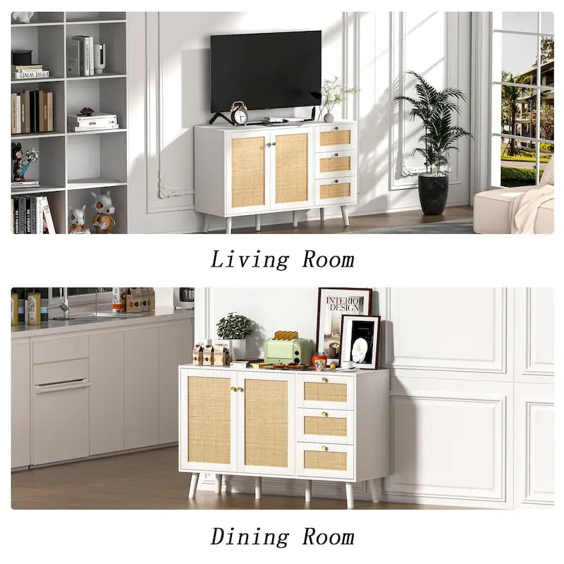 Anmytek Mid-Century Modern 2-Door Wood Rattan Buffet Sideboard Kitchen Storage Cabinet with 3 Drawers