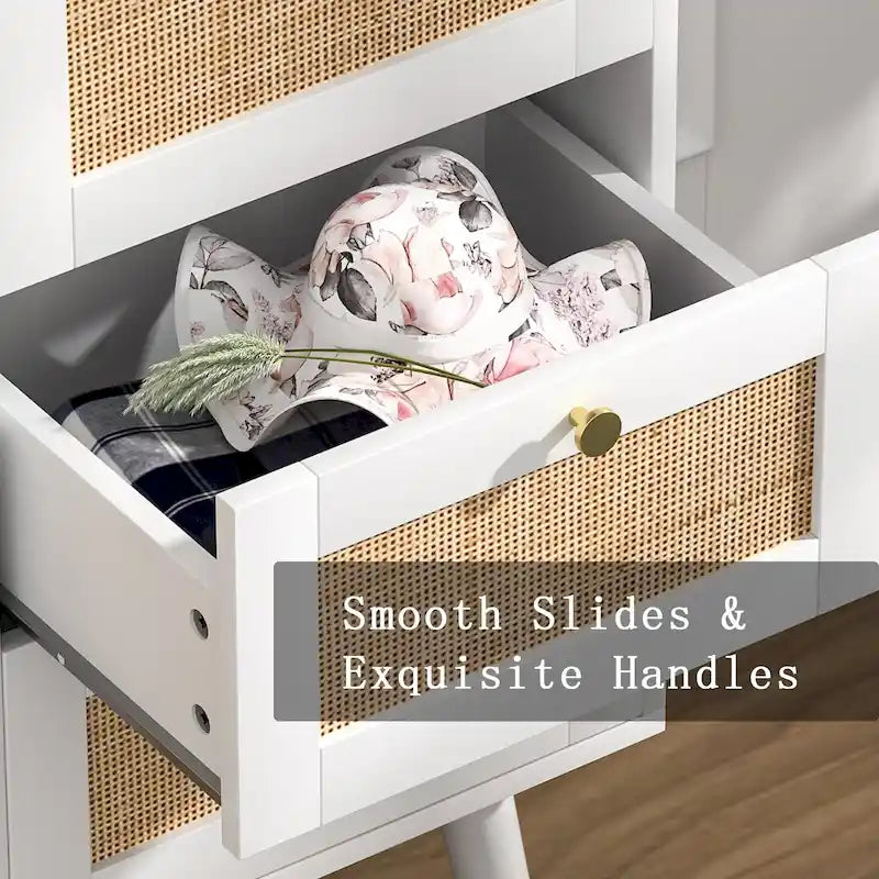 Anmytek Mid-Century Modern 2-Door Wood Rattan Buffet Sideboard Kitchen Storage Cabinet with 3 Drawers