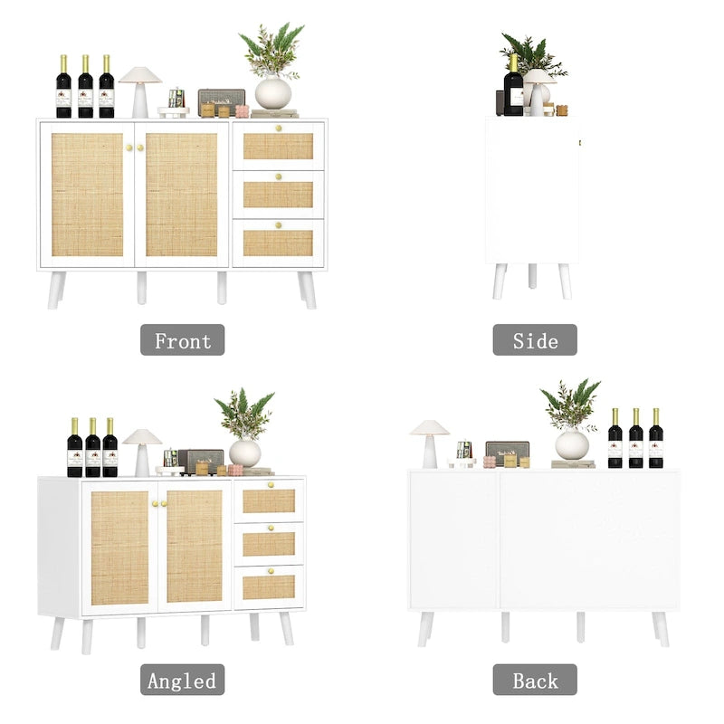 Anmytek Mid-Century Modern 2-Door Wood Rattan Buffet Sideboard Kitchen Storage Cabinet with 3 Drawers