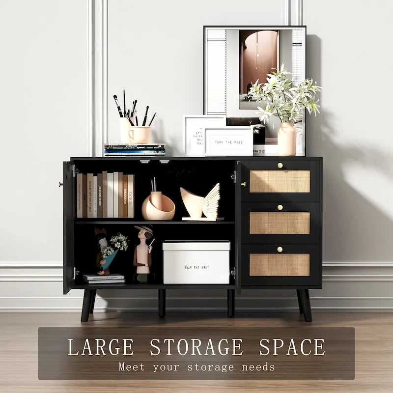 Anmytek Mid-Century Modern 2-Door Wood Rattan Buffet Sideboard Kitchen Storage Cabinet with 3 Drawers