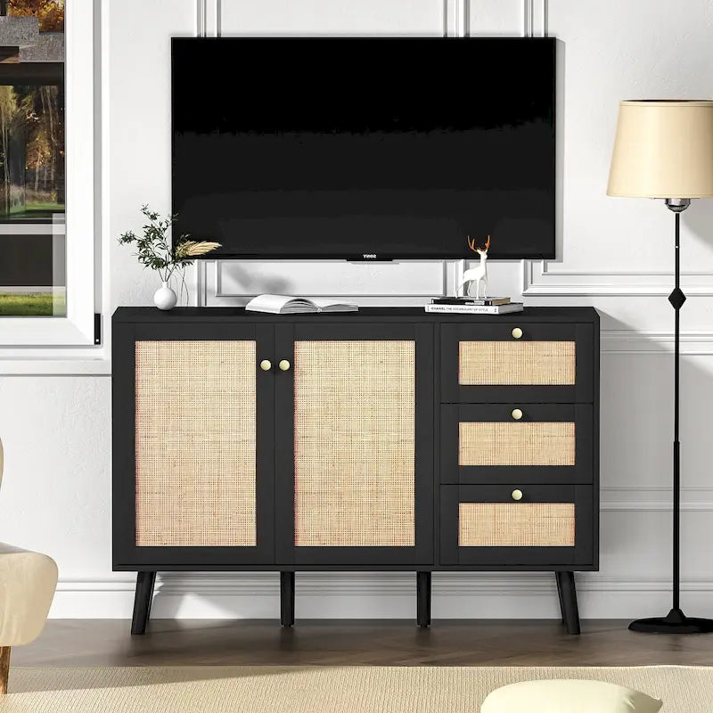 Anmytek Mid-Century Modern 2-Door Wood Rattan Buffet Sideboard Kitchen Storage Cabinet with 3 Drawers