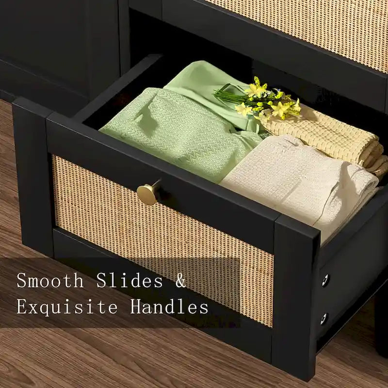 Anmytek Mid-Century Modern 2-Door Wood Rattan Buffet Sideboard Kitchen Storage Cabinet with 3 Drawers