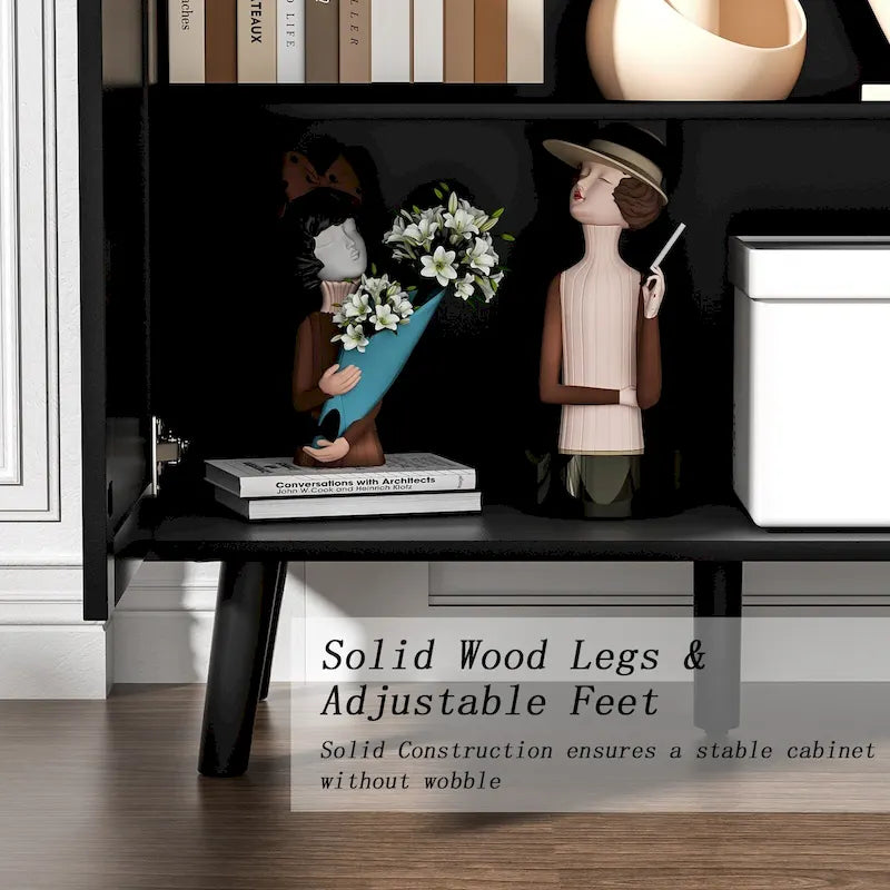 Anmytek Mid-Century Modern 2-Door Wood Rattan Buffet Sideboard Kitchen Storage Cabinet with 3 Drawers