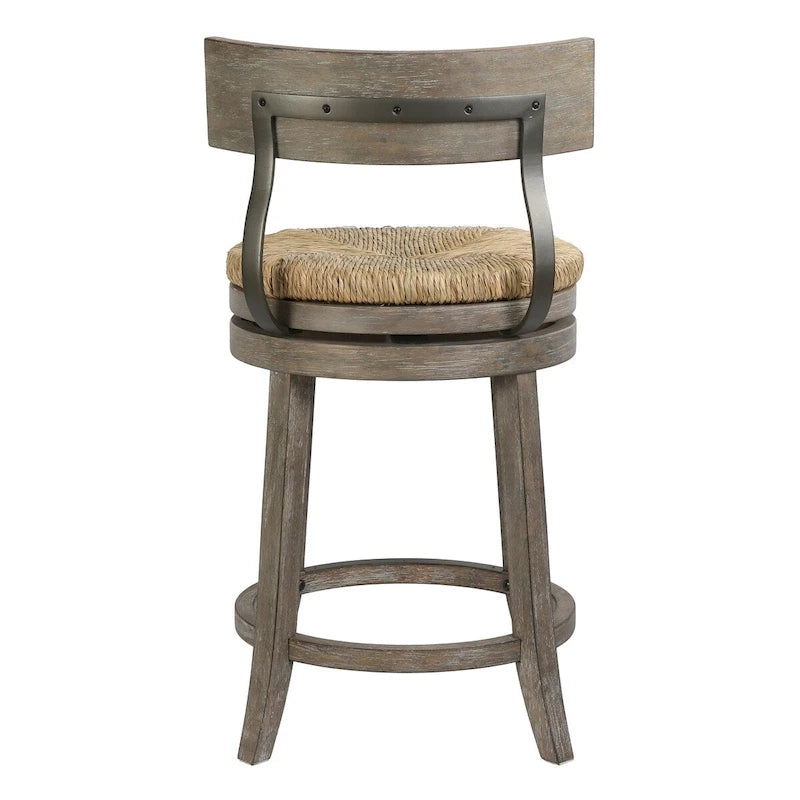 Farmhouse Swivel Wood and Steel Bar Stool with Natural Seagrass Seat