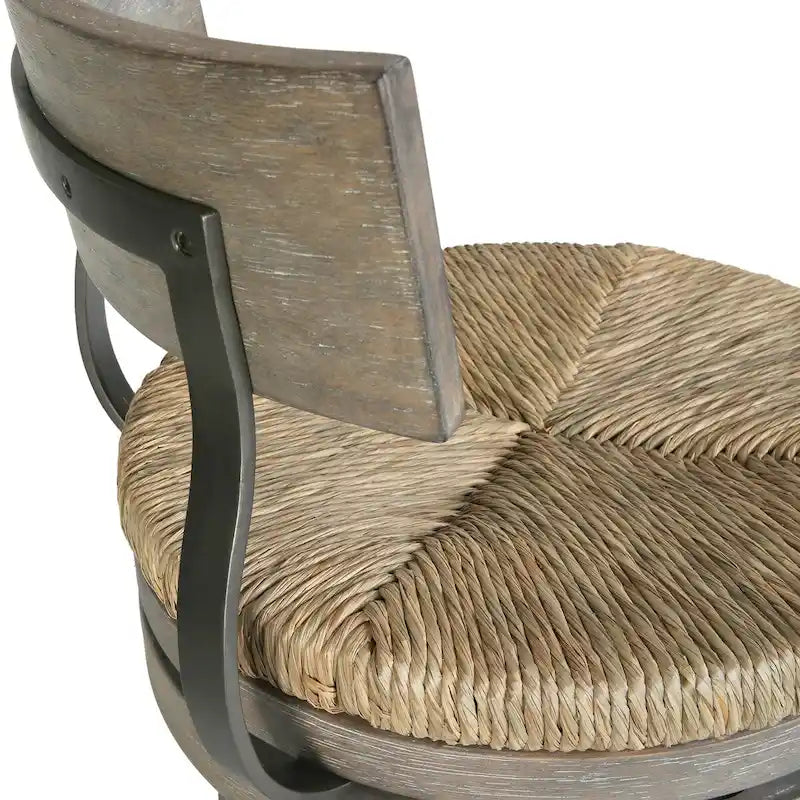 Farmhouse Swivel Wood and Steel Bar Stool with Natural Seagrass Seat