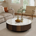 35 Modern Faux Marble Round Coffee Table, White Glossy Sintered Stone Tabletop, Mid Century Table with Solid Wood Drawer