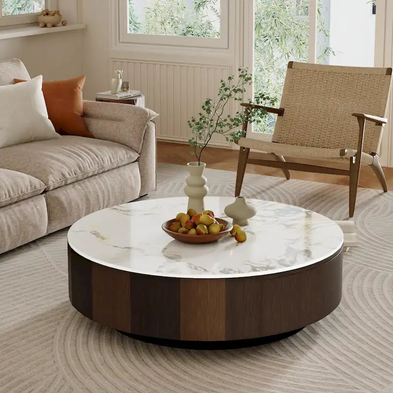 35 Modern Faux Marble Round Coffee Table, White Glossy Sintered Stone Tabletop, Mid Century Table with Solid Wood Drawer