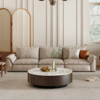 35 Modern Faux Marble Round Coffee Table, White Glossy Sintered Stone Tabletop, Mid Century Table with Solid Wood Drawer