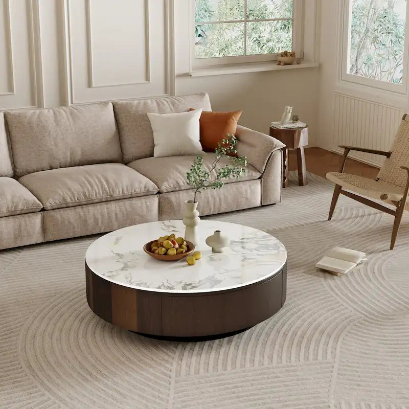 35 Modern Faux Marble Round Coffee Table, White Glossy Sintered Stone Tabletop, Mid Century Table with Solid Wood Drawer