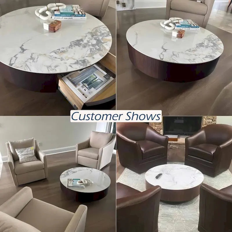 35 Modern Faux Marble Round Coffee Table, White Glossy Sintered Stone Tabletop, Mid Century Table with Solid Wood Drawer
