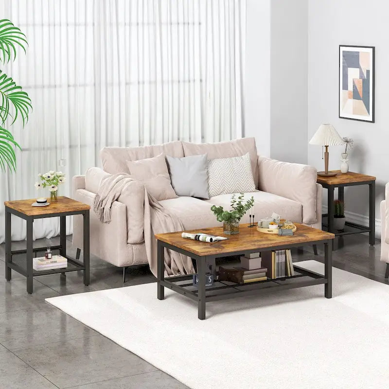 Coffee Table Set of 3, Coffee Table with 2 Square End Side Tables, Living Room Table Set for Home Office