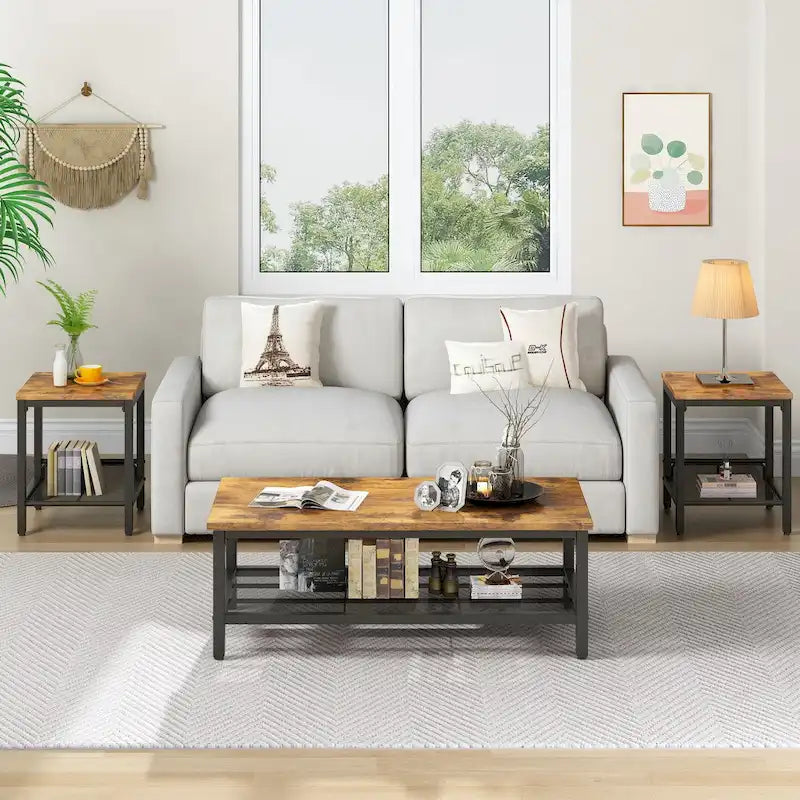 Coffee Table Set of 3, Coffee Table with 2 Square End Side Tables, Living Room Table Set for Home Office